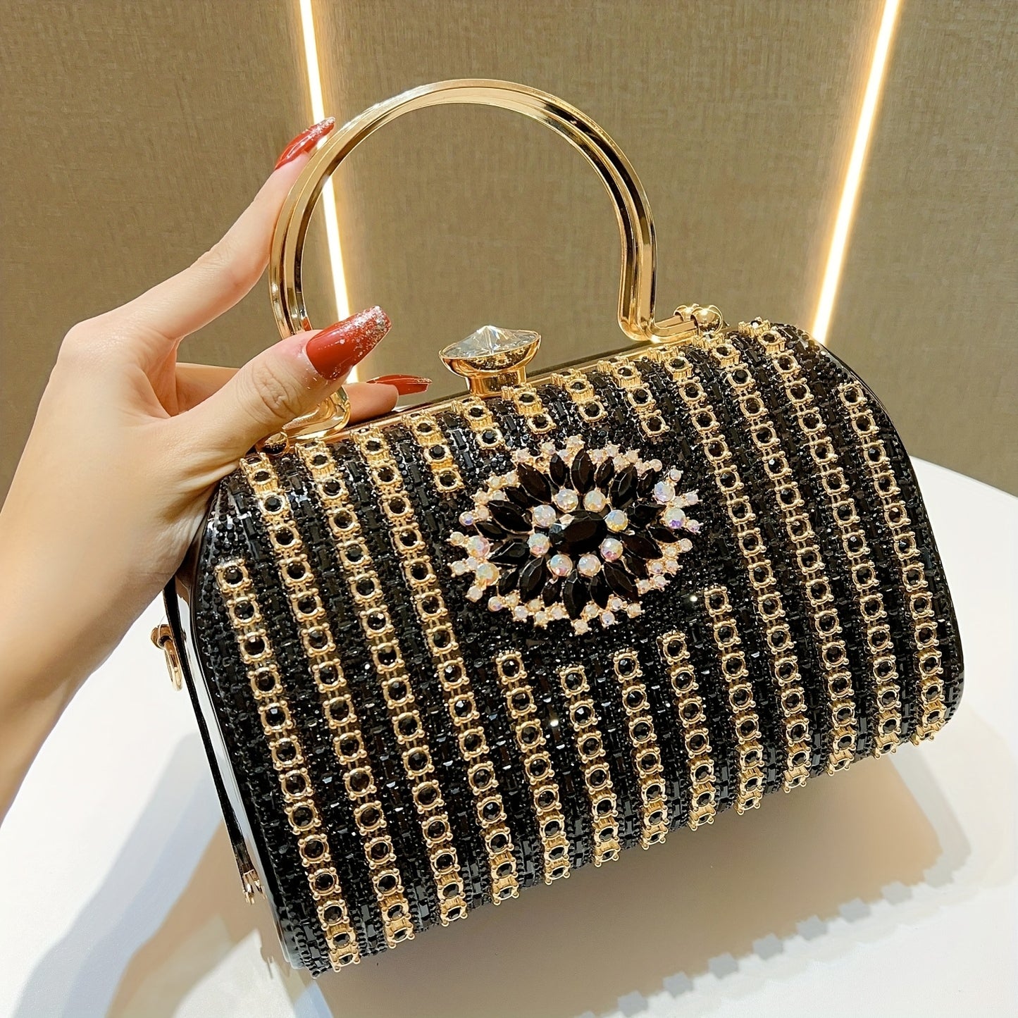 Glamorous Black & Golden Rhinestone Embellished Clutch with Detachable Strap - Sparkly Geometric Evening Bag for Parties, Banquets, and Formal Gatherings, Banquet Accessory | Polyester Construction, Party Purse