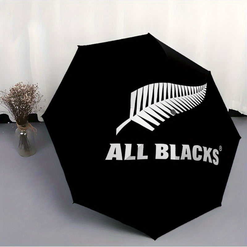 All Blacks Automatic Folding Umbrella - 8-Rib Durable Windproof Portable Travel Umbrella with Sleek Black Design & "All Blacks" Logo, Ideal for Holiday Gifts, Outdoor Umbrella, Modern Accessory, Sturdy Handle