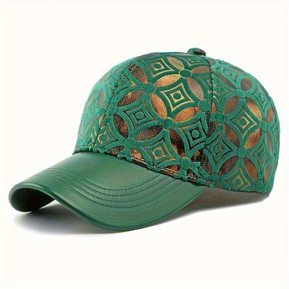 Metallic Golden-on-Green Baseball Cap - Adjustable Strap, Lightweight Hip-Hop Hat for Men & Women, Urban streetwear, Concerts, Parties - Unisex Driver Cap for Everyday & Special Events, Party Headwear, Geometric Pattern, Brea
