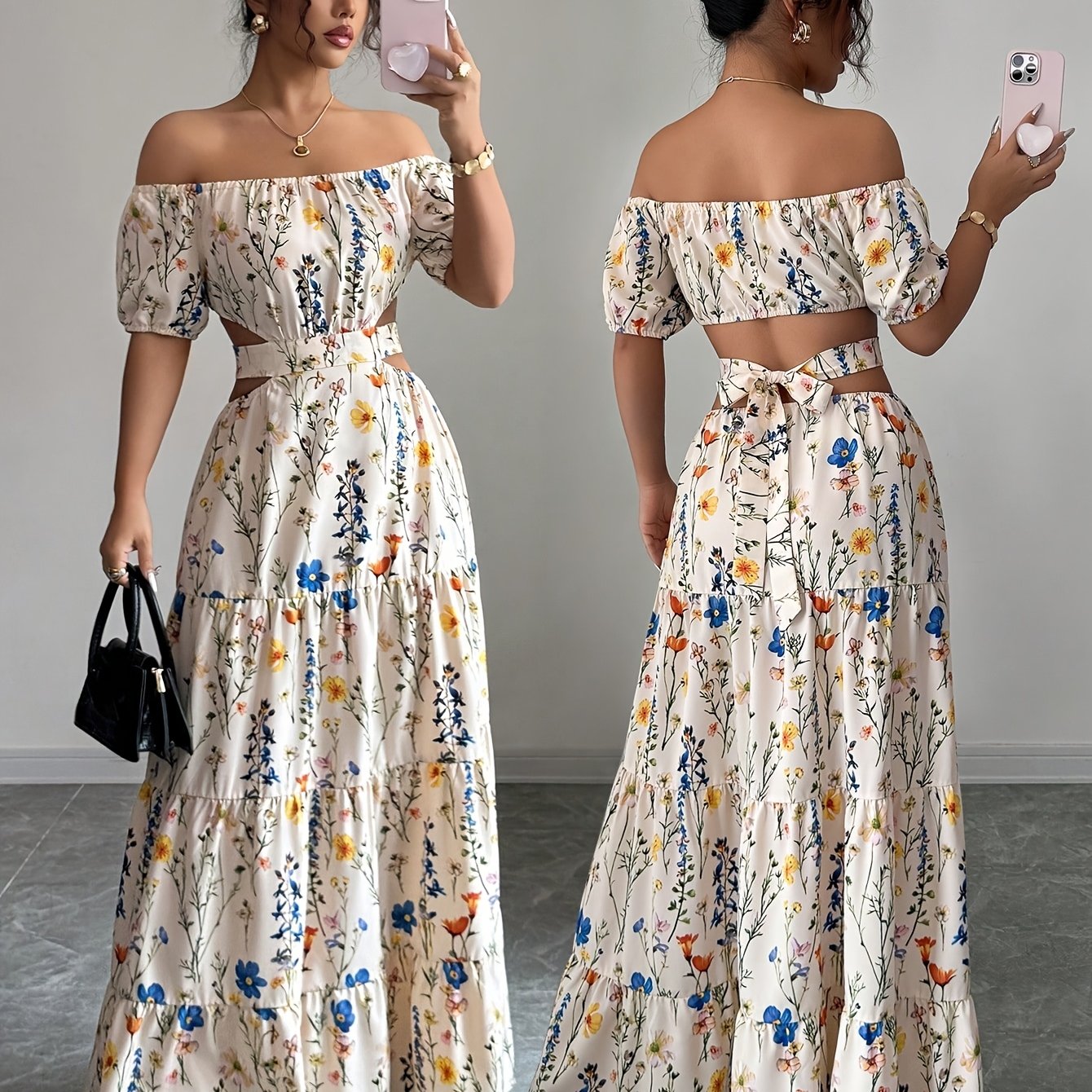 French Romantic Style One-Shoulder Bubble Sleeve Flower Dress Low Back Design Trendy Vacation Maxi Skirt