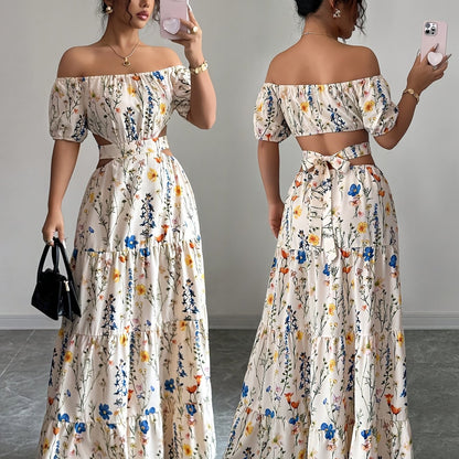 French Romantic Style One-Shoulder Bubble Sleeve Flower Dress Low Back Design Trendy Vacation Maxi Skirt