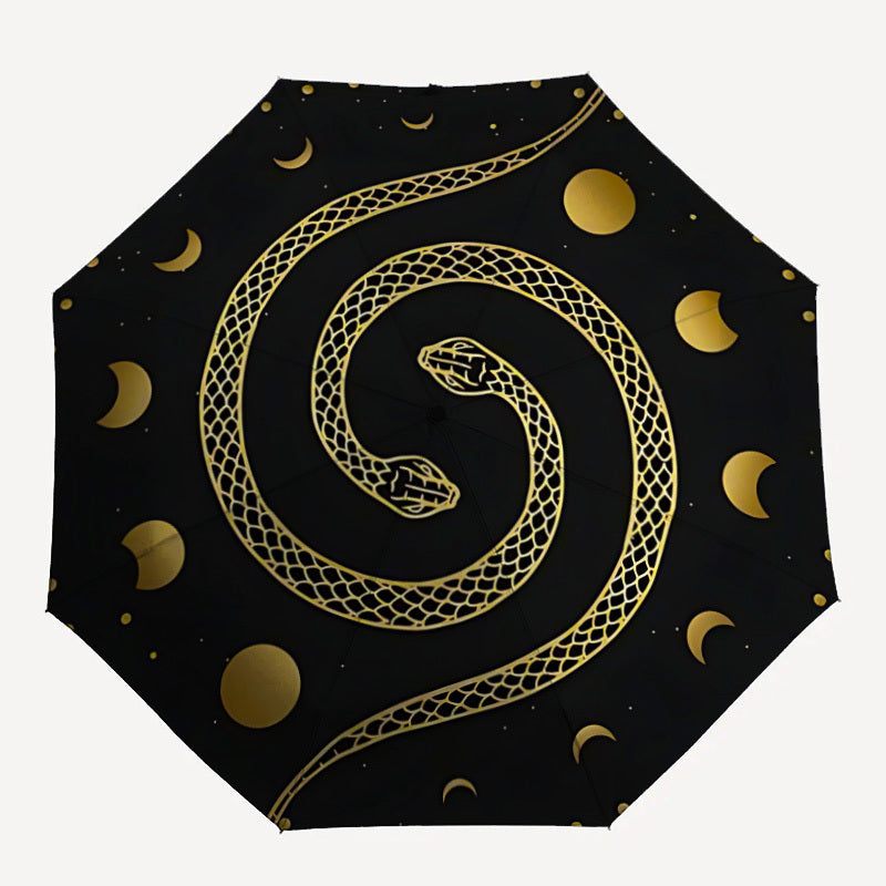 1pc Automatic Open/Close Umbrella with One-Touch Button, Folding Compact Travel Umbrella, Sturdy 8-Rib Canopy, Lightweight Portable Design, Elegant Black & Golden serpent & moon phases pattern - Windproof for Commuting, Forma