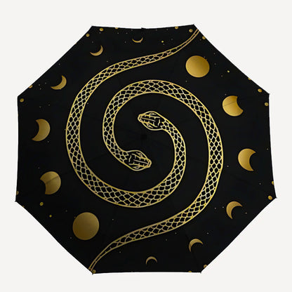 1pc Automatic Open/Close Umbrella with One-Touch Button, Folding Compact Travel Umbrella, Sturdy 8-Rib Canopy, Lightweight Portable Design, Elegant Black & Golden serpent & moon phases pattern - Windproof for Commuting, Forma