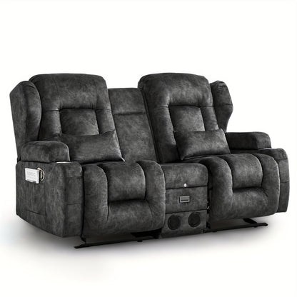68" Rocker Recliner Loveseat Sofa with Console - Manual Reclining Rocking Chair, Faux Leather, USB Outlets & Side Pockets, Metal Frame, 110-240V Plug Powered