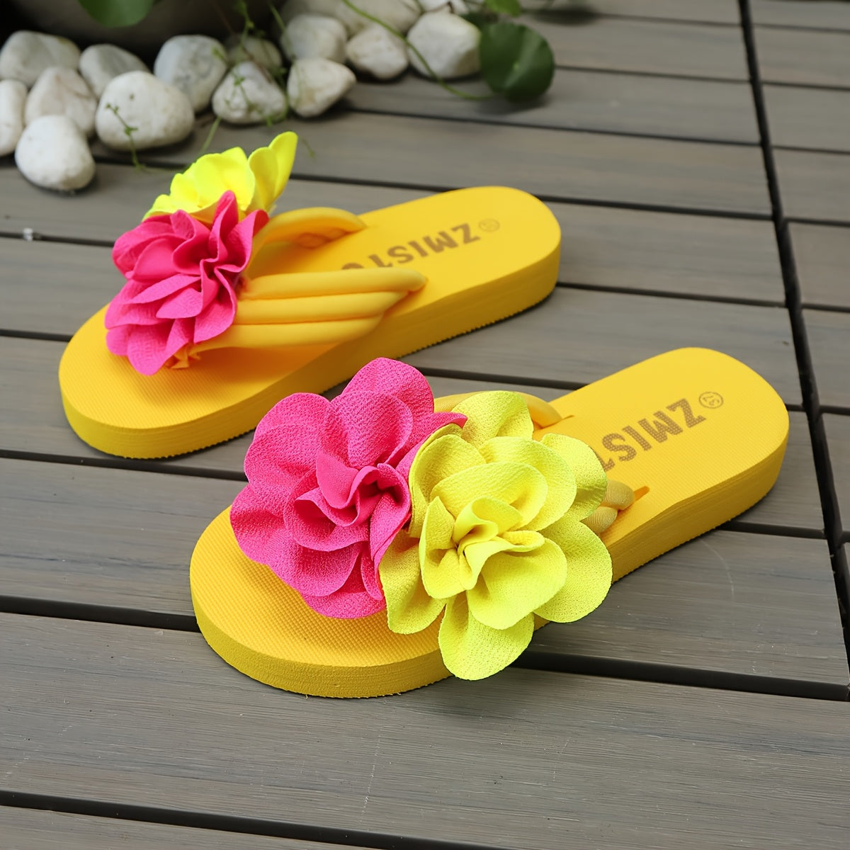 Women's Slip-On Floral sandal - Slipresistant Rubber Sole, Pink & Yellow Floral pattern, Cushioned insole - All-Season Beach, Casual, Formal Footwear - Easy-Clean Women's Shoes