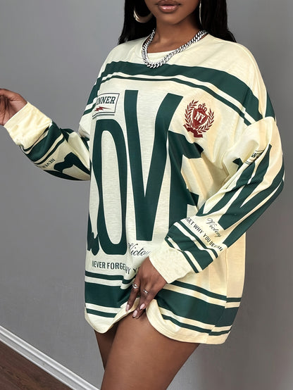 Plus Size - This Plus-Size Women'S American Street Style Long-Sleeve Top Features a Large 'LOVE' Letter Print That Is Eye-Catching. with Text And Stripe Elements, It Exudes a Strong Sense of Fashion. The Loose Fit Is Friendly