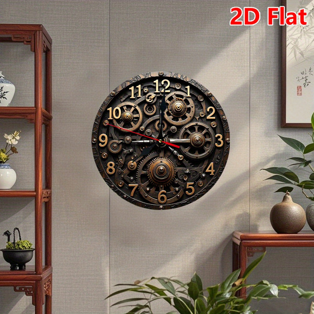 10 Inch Steampunk Wall Clock with Gears & Cogs - Silent Non-Ticking Movement, Large Black & Golden Roman Numerals, 2D Flat Round Battery Operated Clock for, Office, Kitchen, for Cave - Style Decorative Timepiece, 2D Flat