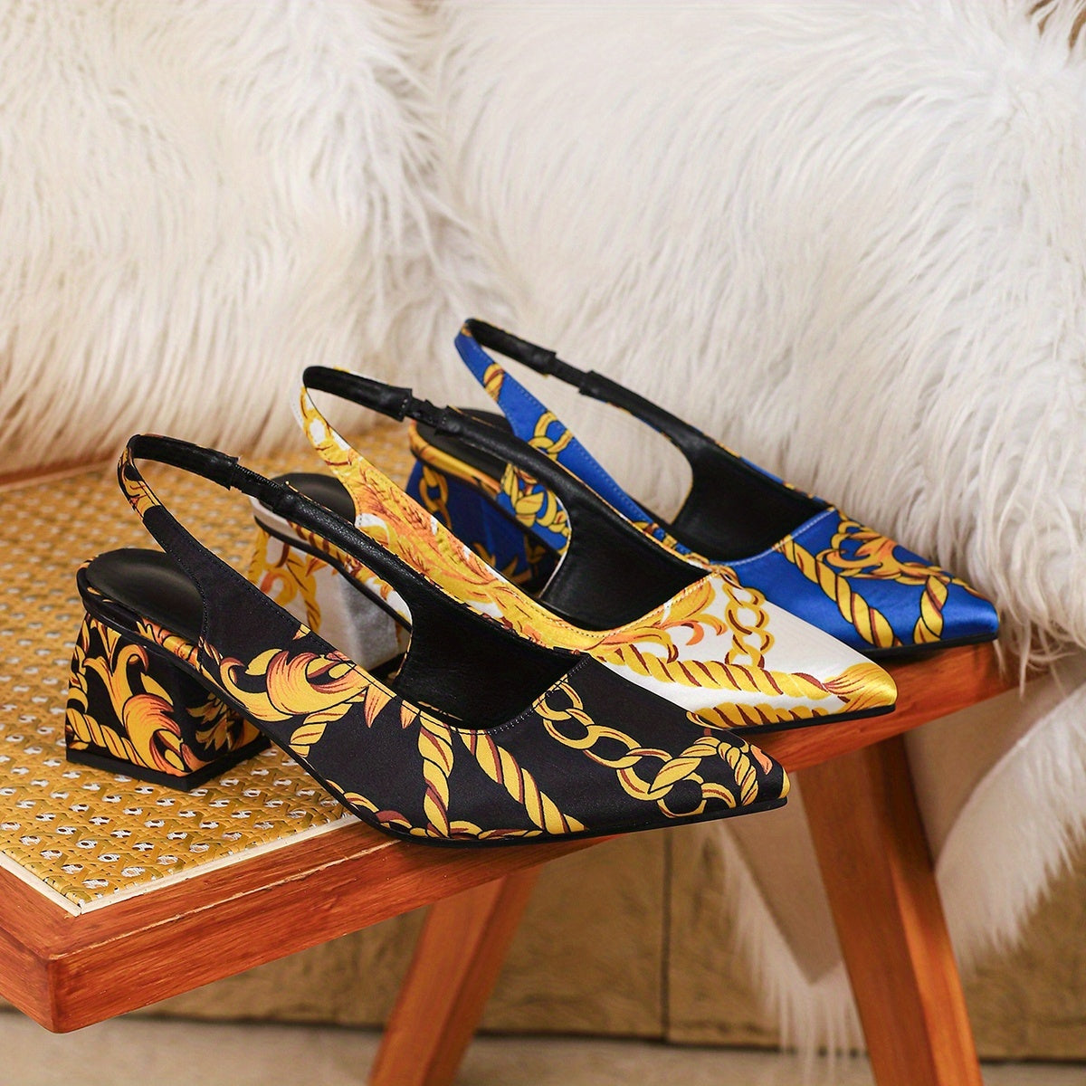 Women's Luxury Golden Chain & Greek Key Print High-Heeled Sandals - Thick Block Heels, Pointed Toe, Black & Golden s with T-Bar Strap & Buckle Closure, Comfortable Sole for Parties, Weddings, - Euro-American Style Elegant