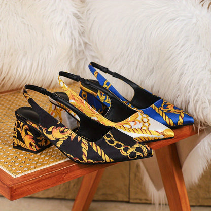 Women's Luxury Golden Chain & Greek Key Print High-Heeled Sandals - Thick Block Heels, Pointed Toe, Black & Golden s with T-Bar Strap & Buckle Closure, Comfortable Sole for Parties, Weddings, - Euro-American Style Elegant