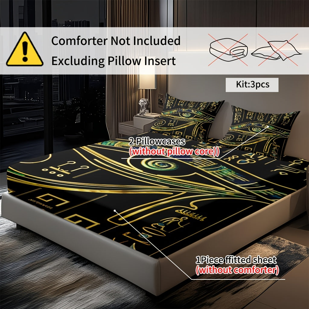 3pcs Comfortable Egyptian Hieroglyphics Theme Bed Fitted Sheet Set - Soft High-Definition Digital Print, Soft, Breathable 100% Polyester, Perfect Gift, All-Season Family And Friends Gift