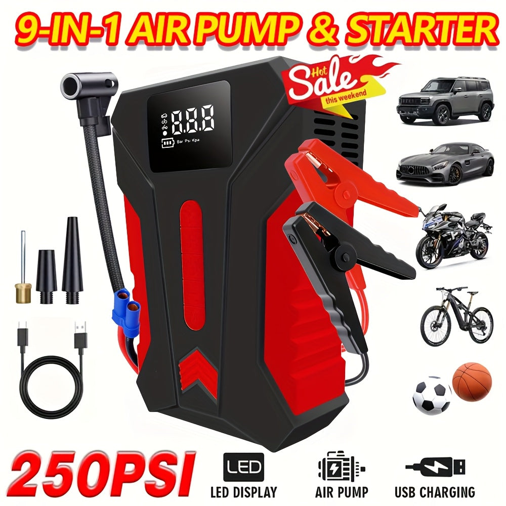12000A Peak Car Emergency Starter & 250PSI Portable Tire Inflator, 12V (Allgas/ 2.11 Gallons Diesel) Quick Start Vehicle, Portable Car Battery Charger, USB Input/ Output, LED Emergency Light, Auto Additions Tool