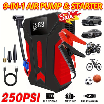 12000A Peak Car Emergency Starter & 250PSI Portable Tire Inflator, 12V (Allgas/ 2.11 Gallons Diesel) Quick Start Vehicle, Portable Car Battery Charger, USB Input/ Output, LED Emergency Light, Auto Additions Tool
