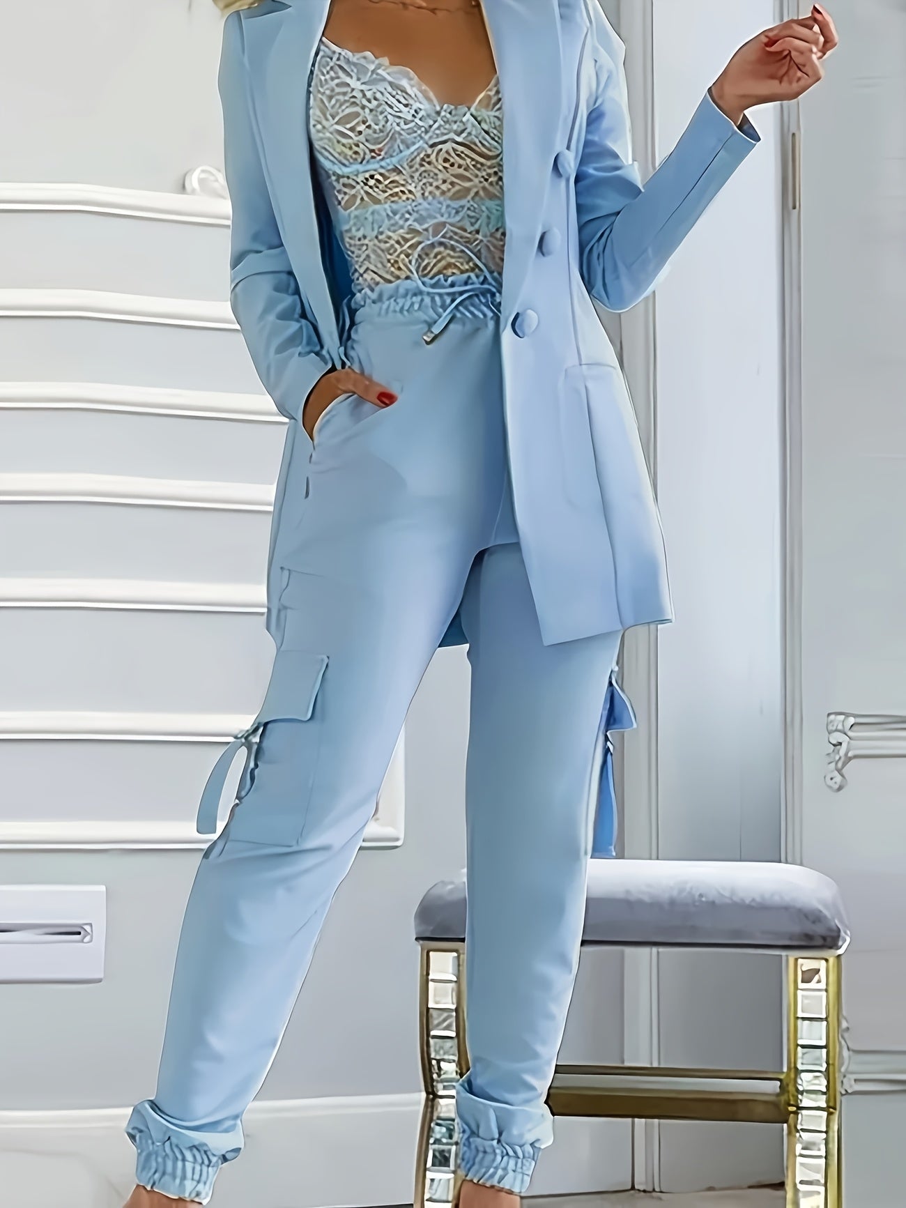 2025 Spring and Autumn Fashion Women's Solid Color Temperament Casual Suit Jacket + Elastic Waist Cuff Pants Set Commuter All-match Two-piece Set