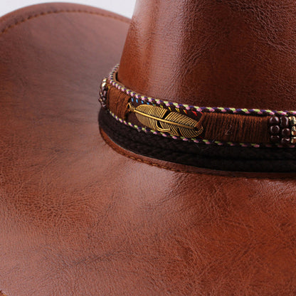 Women Men Western Hat Faux Leather Wide Brim Cowgirl Cap Sun Protection Hat for Outdoor Party
