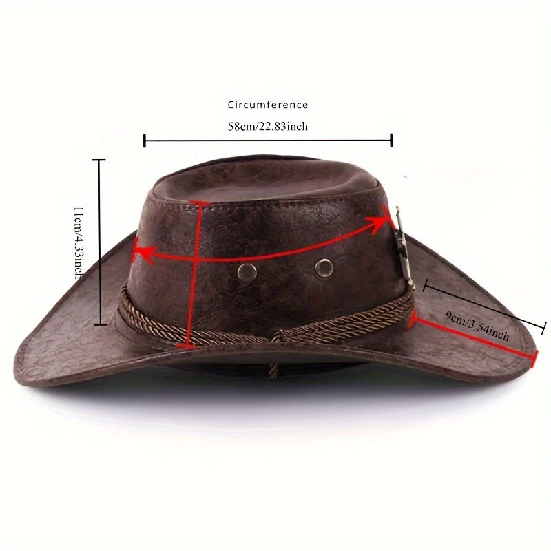 Vintage Style Cowboy Hat with Rivet Details - Brown Leather Cowboy Hat for Outdoor Sun Protection, Western Style, Polyester Material, Featherless, Sun Protection Hat|Vintage Cowboy Hat|Rivet Embellishments
