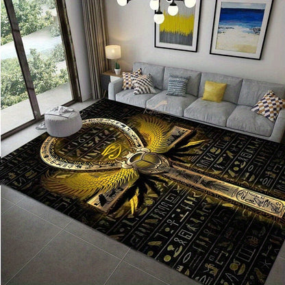 Large Non-Slip Door Mat - Egyptian Hieroglyphic Key of Life (Ankh) Design Black, Golden, non-slip Backing for Entryway, Living Room, Bedroom, Office, Patio - Machine Washable Polyester Mat for Ancient Egyptian Home Decor, Bed