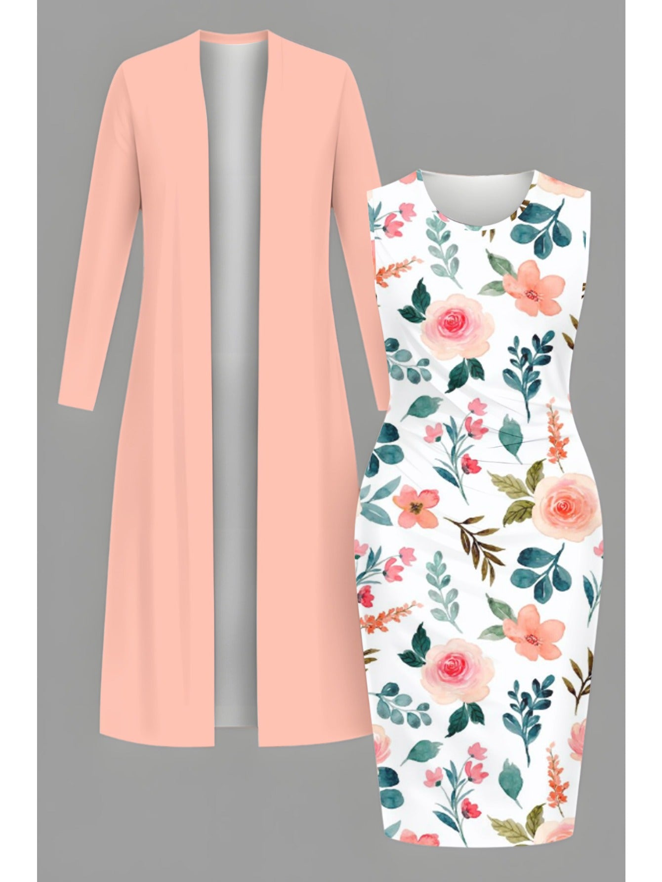 Plus Size, [Hot Item, Plus-Size Dress 2pcs Set] Fashionable, Elegant, and Classy Long Cardigan + Cinched-waist Long Dress Set. A Versatile Casual Outfit Perfect for Holidays, Creating Multiple Styles with One Set. Available i