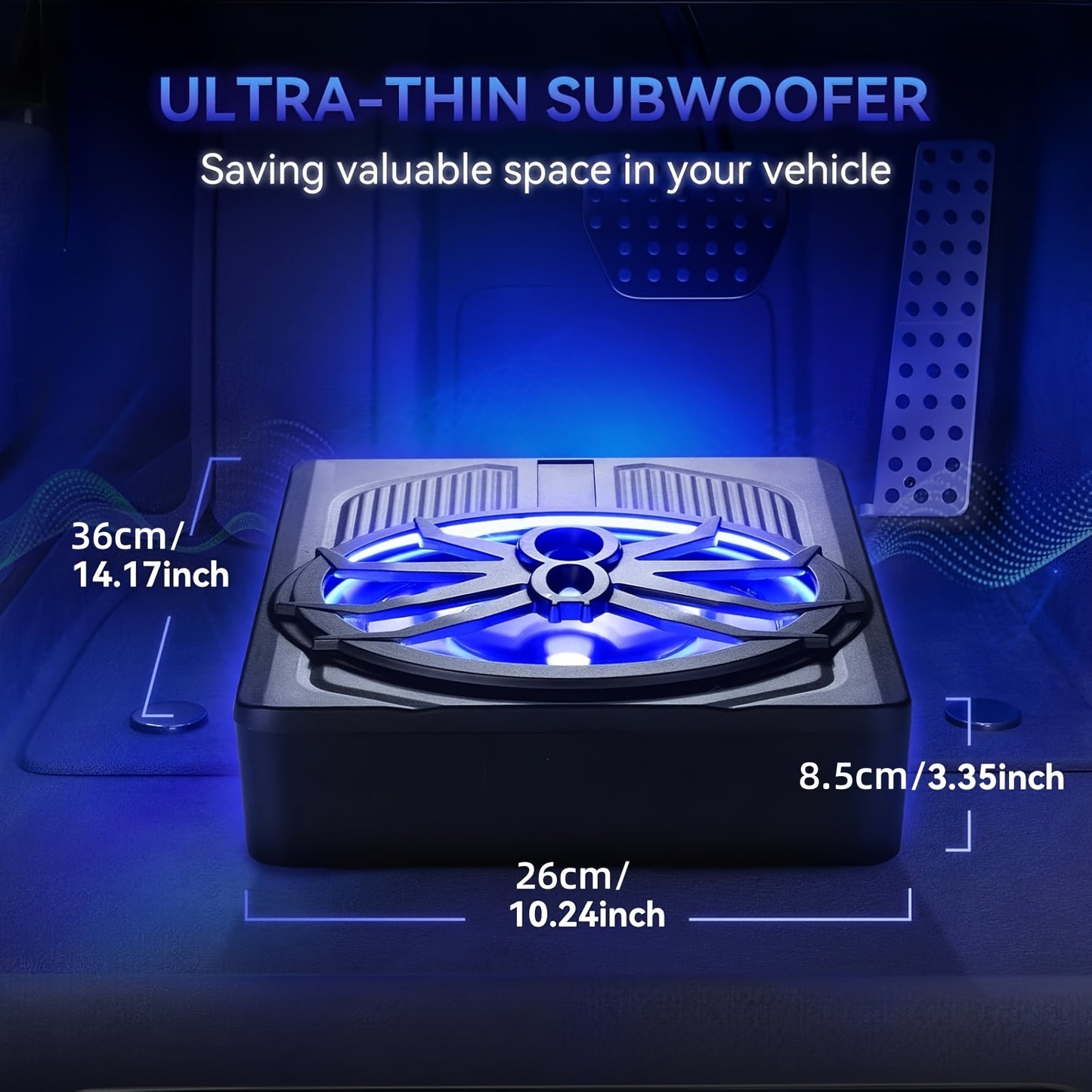 10-inch Spider Subwoofer with 800W Built-in Amplifier | LED Blue Light, High/Low Level Input, -fit Enclosure for Car/Truck Audio