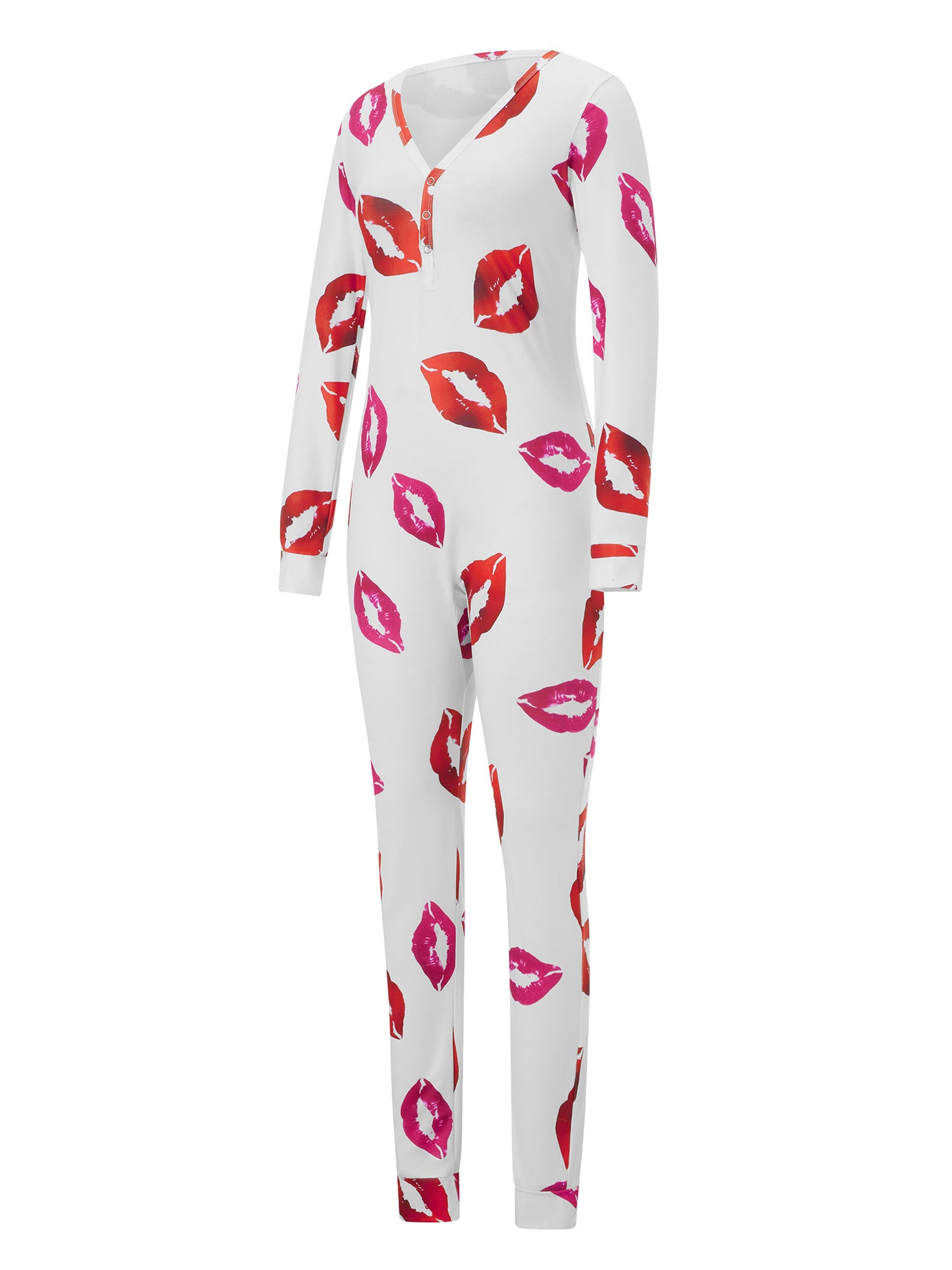 Women Functional Buttoned Flap Jumpsuit Sleepwear Solid Color Printed Long Sleeve Homewear Pajamas
