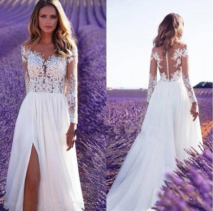 Long Sleeved See Through Lace Slit Dress, Women'S Wedding Bridesmaid Dress, Long Dress, Slim Fit, And Elegant Evening Dress