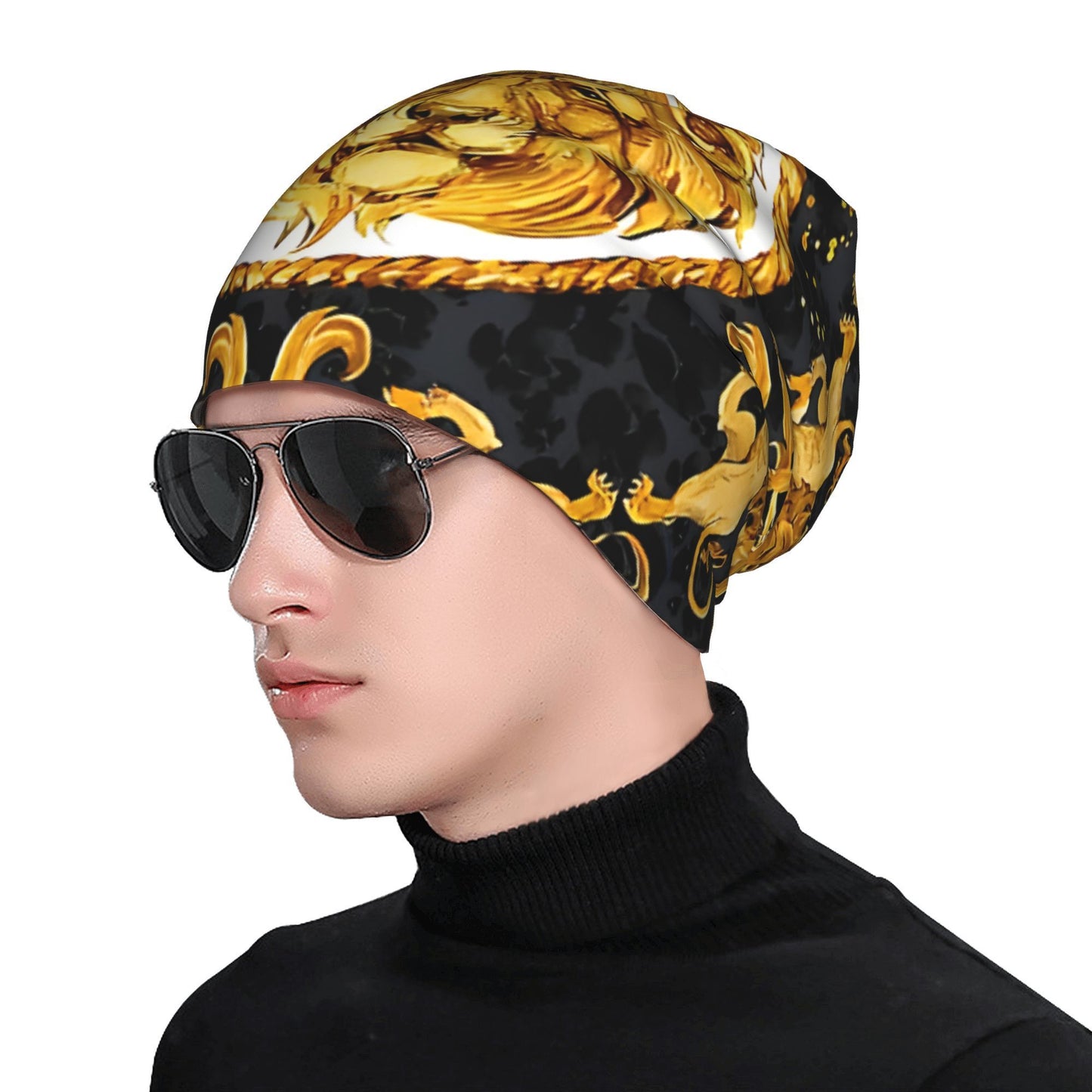 Lightweight Comfort | Golden Lion Damask Bonnet Hat for Men & Women – Lightweight, Stylish Hip Hop Beanie Cap with Ornate Golden Lion Design, Black Background with Rope Patterns, Perfect for Autumn & Spring Warmth