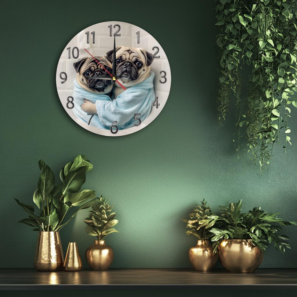 [Silent Operation] Charming Pug-Themed Silent Wooden Wall Clock - Farmhouse Style Round Clock with Adorable Pug Design, Easy-to-Read Numbers, No Ticking Sound, Perfect for Kitchen, Bedroom, or Office Decor, 9.8x9.8 Inches (Ba