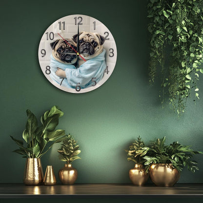 [Silent Operation] Charming Pug-Themed Silent Wooden Wall Clock - Farmhouse Style Round Clock with Adorable Pug Design, Easy-to-Read Numbers, No Ticking Sound, Perfect for Kitchen, Bedroom, or Office Decor, 9.8x9.8 Inches (Ba