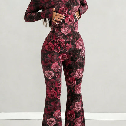 Women'S Jumpsuit Set | Casual Fashionable Sexy, Loose U-Neck Cut, Slim Fit, Burgundy Rose Print, Long Sleeve Flared Leg, Versatile Use, Suitable for Multiple Occasions & Seasons, Ideal for Outdoor