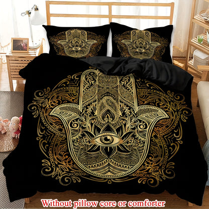 2/3pcs (1 Duvet Cover + 1/2 Pillowcase, Without Core)Mysterious Palm Eyes Striped Geometry Ancient Civilization Faith Print Soft Comfortable Bedding Set for Bedroom Dorm Room Family Gift