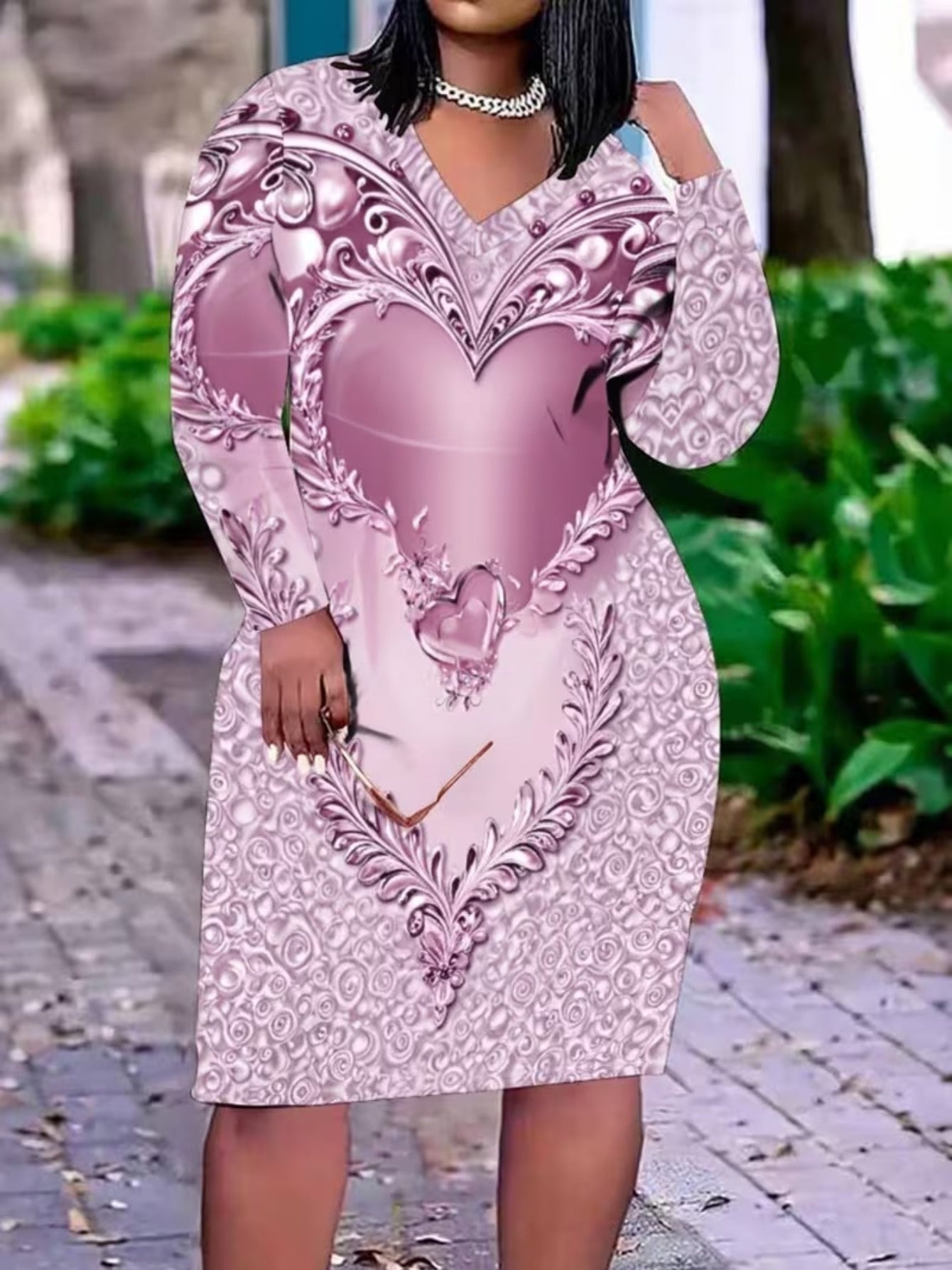 Plus Size, Plus Size - Ladies' Fashionable Long-sleeved Dress | Valentine's Day Printed Pattern, Versatile and Casual, Fashionable and Elegant, V-neck, Fitted, Slight Stretch Fabric