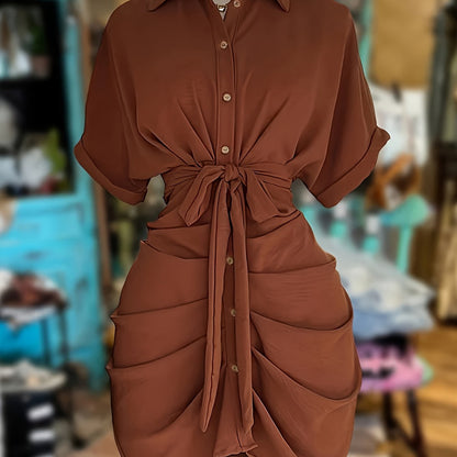 Women'S Stylish Solid Color Short-Sleeve Dress with a Single Button, Tie, And Bow Detail.