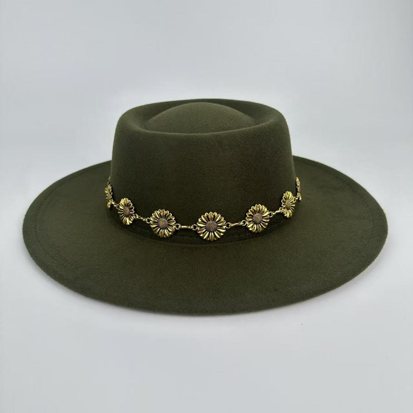 1pc Bohemian-style Unique and Fashionable Felt Hat - Decorated with Exquisite Golden Flower Chain Fedora Hat - Suitable for Daily Street Style, Music Festival Outfits, Bohemian-inspired Looks, Casual Outings and Trendy Season