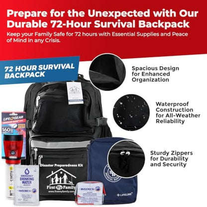 First My Family AllinOne 4 Person 72 Hour Emergency Survival Kit for Fires Earthquakes Hurricanes Floods Tsunami and Other Disasters Premium Black Backpack