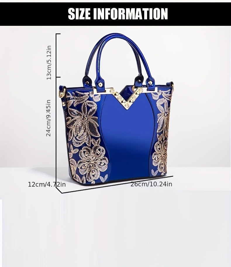 Designer Floral Embroidery Patent Leather Handbag for Women, Large Capacity Shoulder Tote with Zipper Closure, Polyester Lined, Paint Detail, Party Bag
