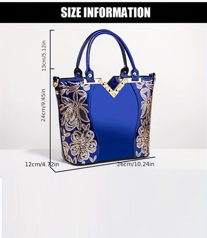 Designer Floral Embroidery Patent Leather Handbag for Women, Large Capacity Shoulder Tote with Zipper Closure, Polyester Lined, Paint Detail, Party Bag