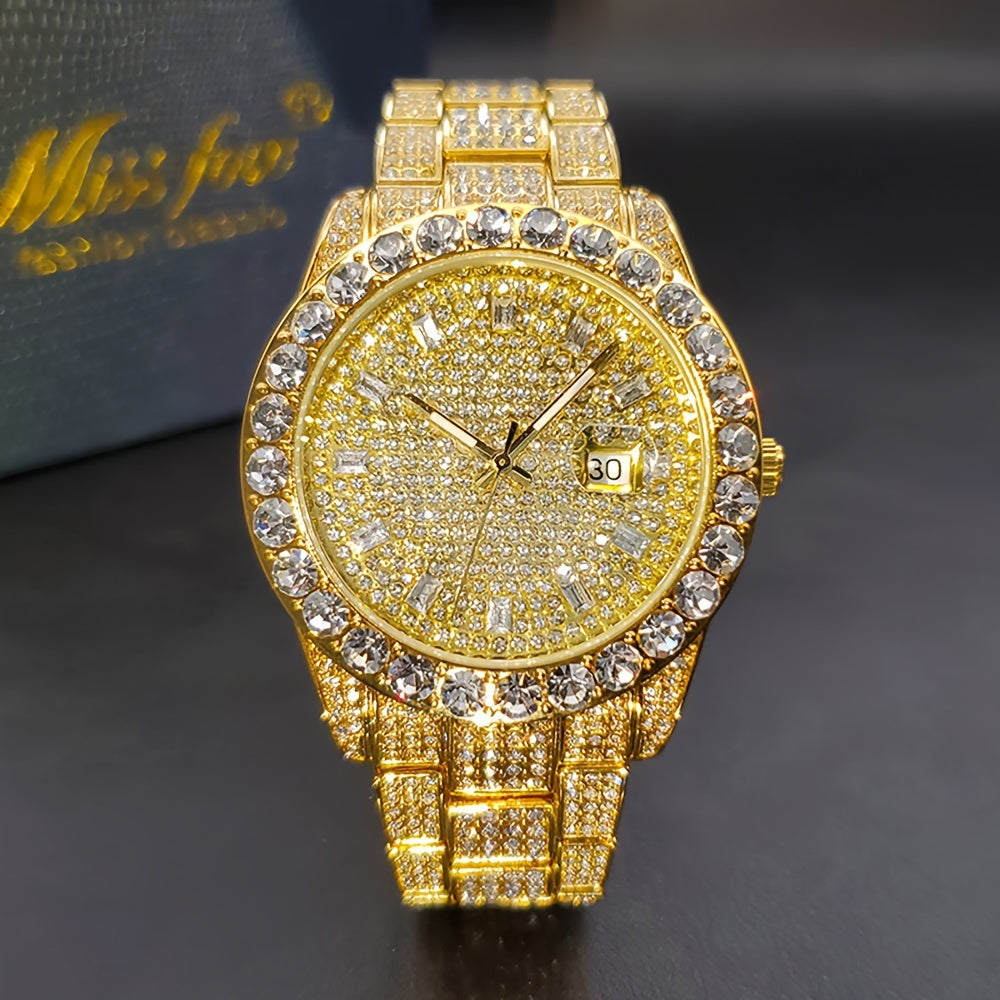 Men's Classic Business Quartz Watch - Rhinestone Dial, Zinc Alloy Strap - Party Style | Calendar Feature | Battery Powered