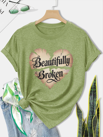 Women'S Olive Green Butterfly & Heart Print "Beautifully Broken" T-Shirt - Casual Streetwear Round Neck Short Sleeve Top, Breathable All-Season Comfort Fit for Gym, Training & Casual Attire with Motivational Slogan Design, Lo