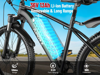 26" Heavy-Duty Adult Electric Mountain Bike with 700W Peak Motor & 36V10Ah Removable Battery - 40-50 Mile Range, 19 MPH High-Speed E-Bike, 7-Speed Gears, Front Suspension, All-Terrain Tires, Sturdy Frame & Disc Brakes - Long-