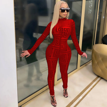 Women's Sexy Sheer Mesh Jumpsuit - Long Sleeve High Neck Bodysuit - Semi-Sheer Transparent Outfit (S-XXL) - Machine Washable All-Season Wear for Parties - Fashion Events - Tight-Fitting Lingerie Suit