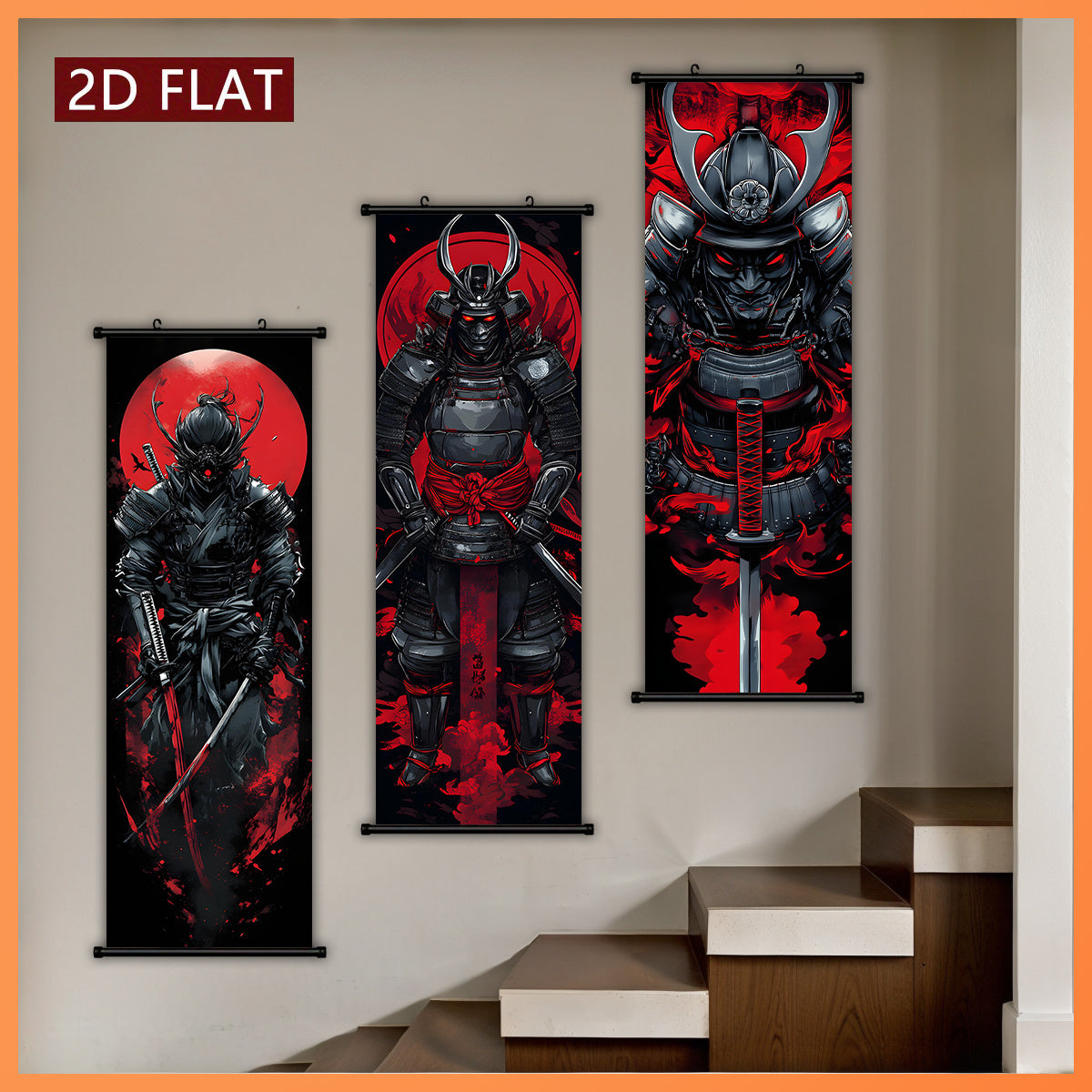 Black and Red 3pcs Set of Japanese Samurai Battle Scroll/Hanging Scrolls, Oriental Classical Style Decorative Art with Armor & Weapon Elements, Symmetrical Composition and Metal Ornament Details, Suitable for Living Room, Tea