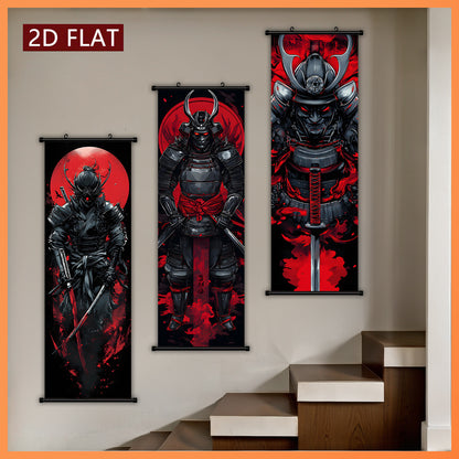 Black and Red 3pcs Set of Japanese Samurai Battle Scroll/Hanging Scrolls, Oriental Classical Style Decorative Art with Armor & Weapon Elements, Symmetrical Composition and Metal Ornament Details, Suitable for Living Room, Tea