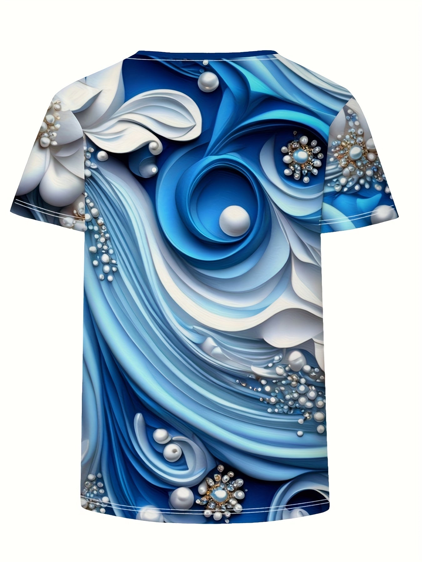 Women'S Plus Size Casual Crew Neck Short Sleeve Floral Top - Blue & White Swirl Print, Lightweight Summer Pullover with Pearl Embellishments, Regular Fit, Summer Top|Floral Print Top| Construction, Ladies T Shirts