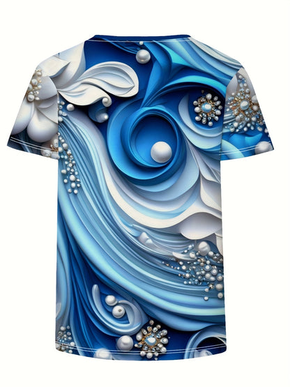 Women'S Plus Size Casual Crew Neck Short Sleeve Floral Top - Blue & White Swirl Print, Lightweight Summer Pullover with Pearl Embellishments, Regular Fit, Summer Top|Floral Print Top| Construction, Ladies T Shirts