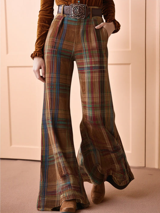 Women's Vintage 70s High-Waist Wide-Leg Flared Bell-Bottom Pants - Brown Plaid (with Multicolor Waidth) - Non-Stretch Retro Trousers for 70s Costume Parties, Daily Wear &