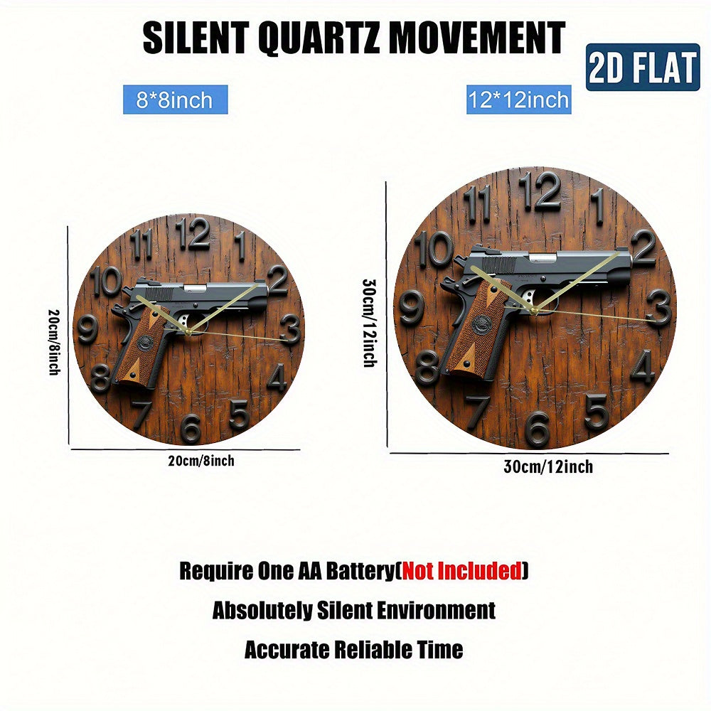 2D Flat Acrylic Wall Clock with Gun Design - Silent Non-Ticking Battery Operated (AA Not Included) - Modern Home Office Dorm Decor - Unique Christmas Halloween Birthday Gift, 2D Flat