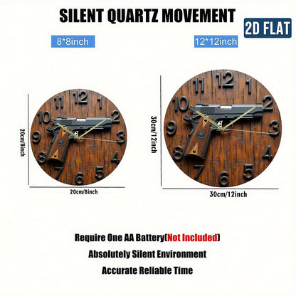 2D Flat Acrylic Wall Clock with Gun Design - Silent Non-Ticking Battery Operated (AA Not Included) - Modern Home Office Dorm Decor - Unique Christmas Halloween Birthday Gift, 2D Flat