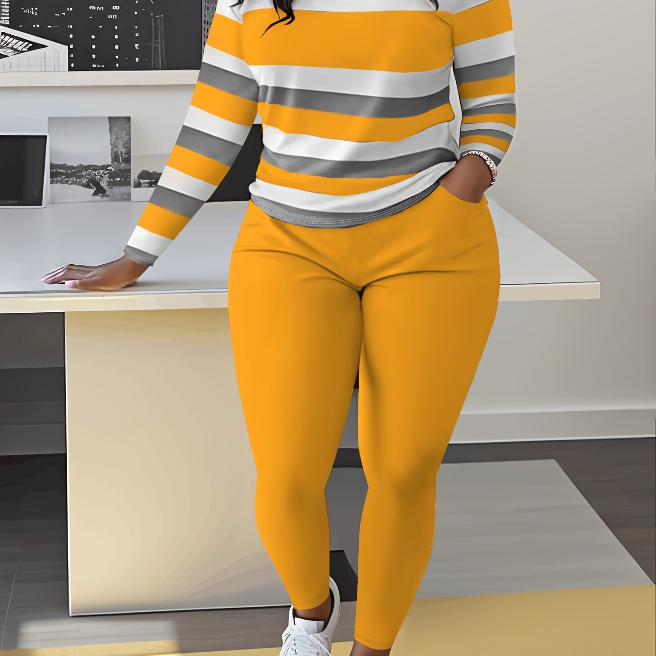 Unique Women's Striped Casual Set- Green And White, Long Sleeve Round Neck Top And Pants with Pockets, Weight Polyester Blend, Machine Washable, Comfortable Clothing| Pants| Polyester Blend