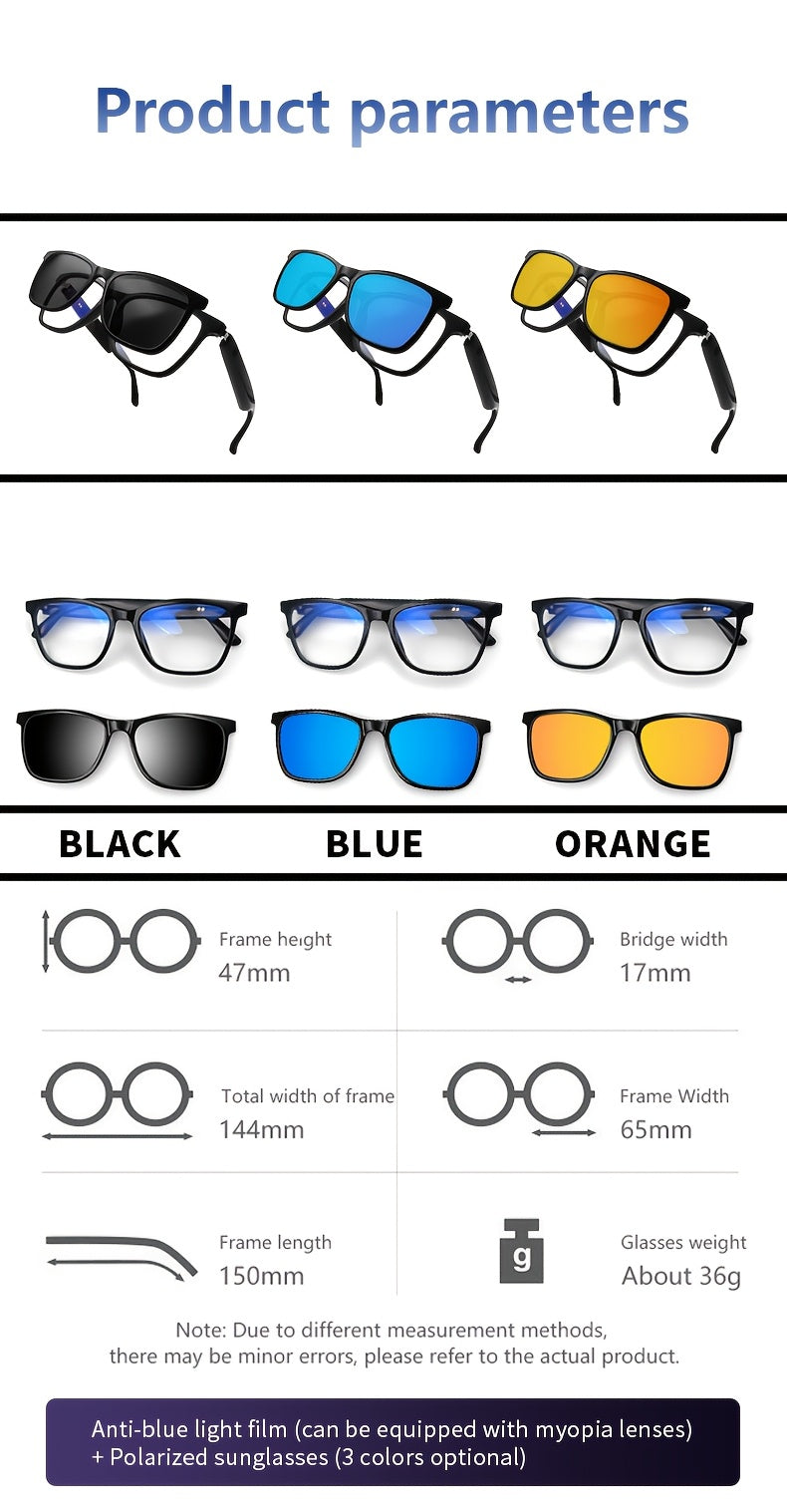 Smart Glasses with Magnetic Frame, 3 Lens Colors, Built-in Microphone, HD Calling, HiFi Music, Touchpad Control, TWS Technology, Compatible with iPhone/ Android, AI Voice Assistant, USB Charging, Non-Waterproof, Ideal for Out
