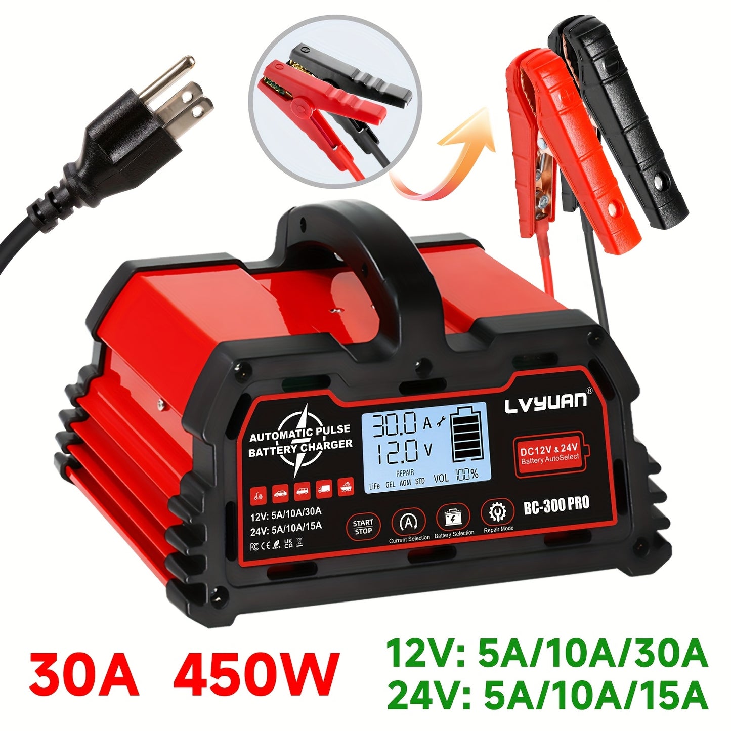 Battery Charger 30A, 12V/24V Lead Acid Smart Battery Charger, 12V LiFePO4 Car Battery Trickle Charger, Automatic Battery Maintainer for Car Motorcycle Lawn Mower Marine Boat Lead Acid Batteries