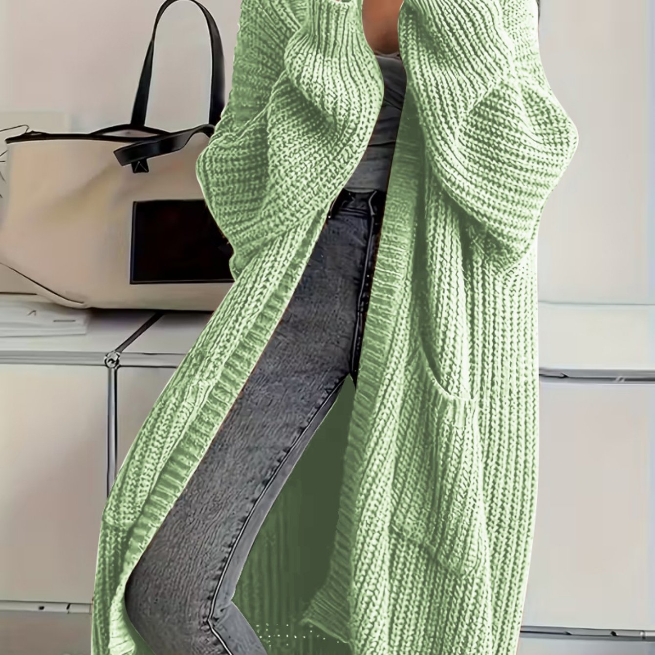 Plus Size, Solid Color Plus-Size Women's Long Pocket Cardigan Loose Over-the-Knee Sweater Coat Fashion Versatile Outerwear
